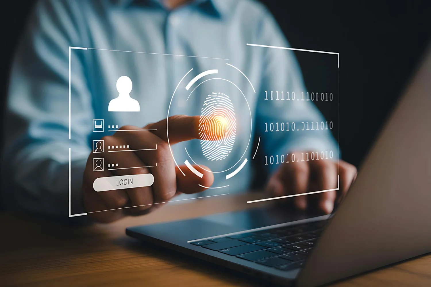 Login sicuro con autenticazione biometrica tramite impronta digitale da laptop aziendale