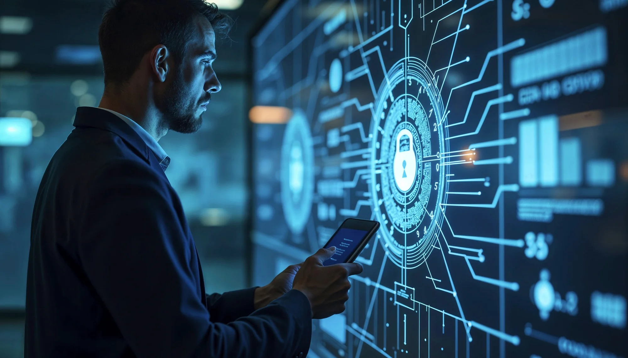 Analista che monitora una rete aziendale protetta su schermo con lucchetto digitale in un servizio di Security as a Service